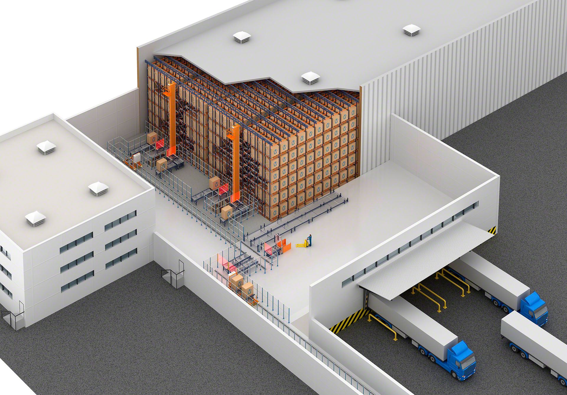 The mixture of automated systems with a clad-rack structure optimises the capacity of a storage facility